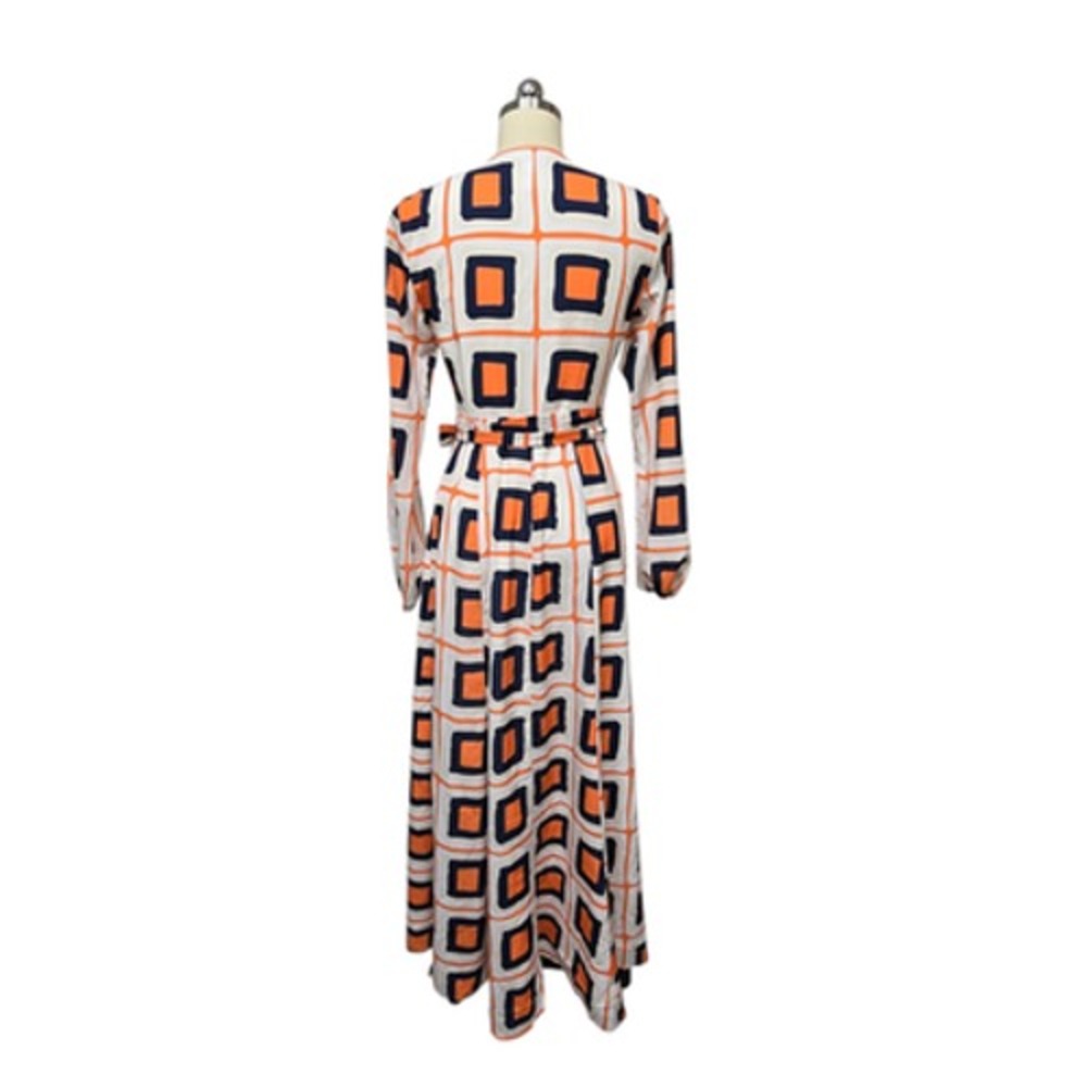 Hutch Wrap Maxi Dress Womens XS White Orange Geometric Long Sleeve Belted V Neck - Picture 3 of 12